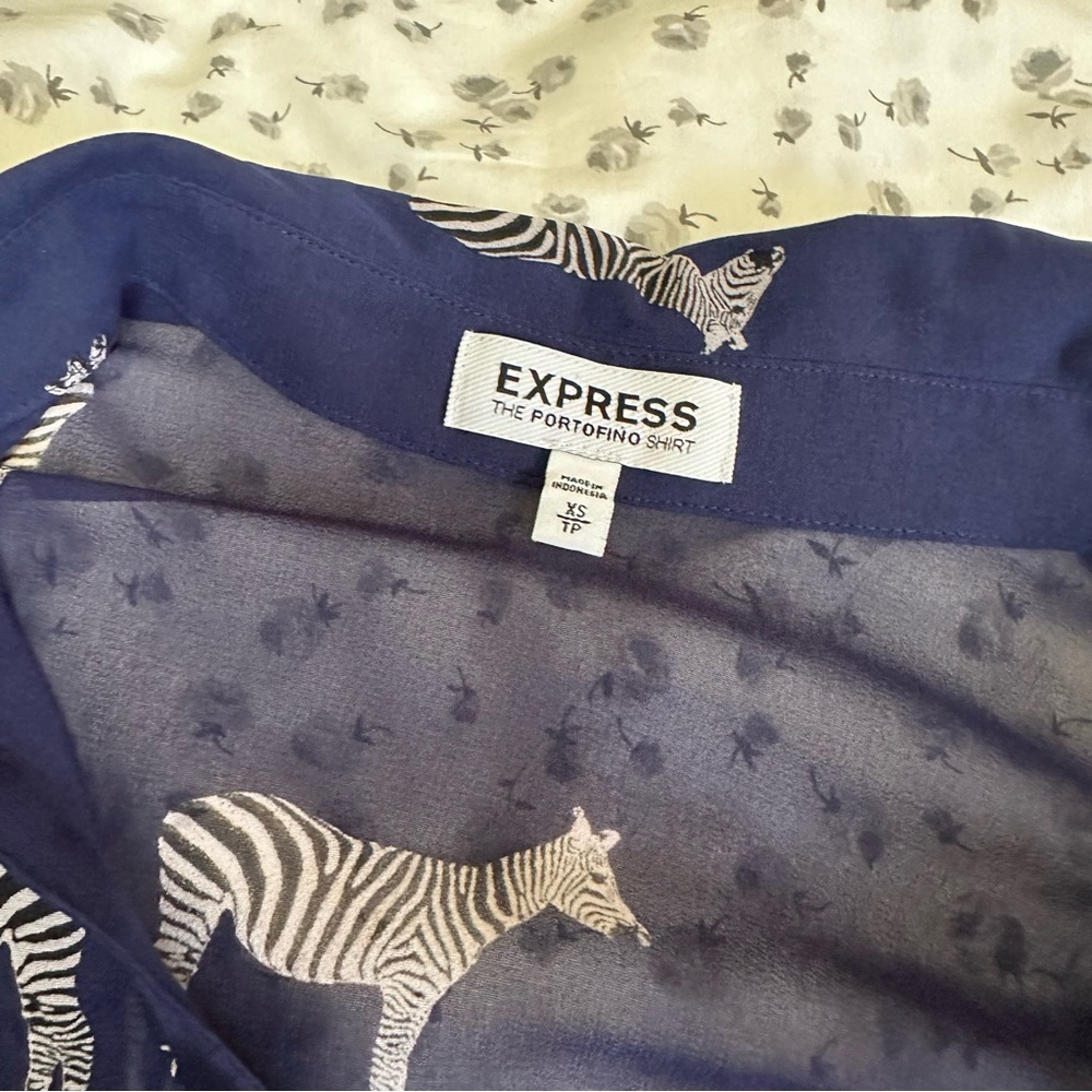Express Zebra Print Blouse The Portofino Shirt - Sheer - Size XS - Electric Blue - Picture 3 of 6